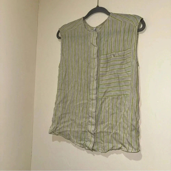 Women’s Mango  Brand Lime Green Grey Striped Hidden Buttons Tank Blouse Size 4 - Picture 2 of 11